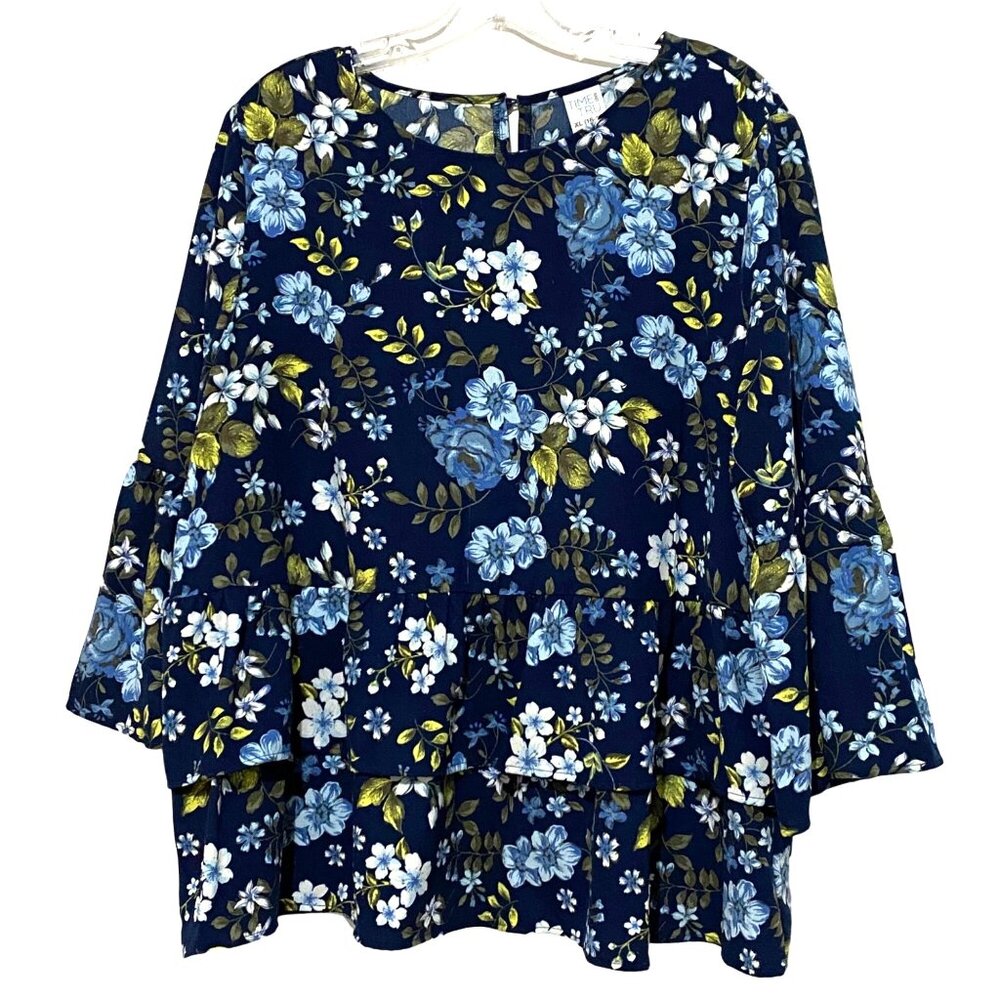 Boho Floral Peasant Top Bell Sleeve Womens XL Blue Cottagecore Bloomcore Casual